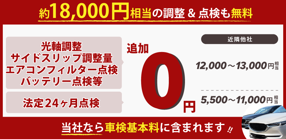約18,000円相当の調整＆点検が無料！バッテリー点検料、光軸調整料、サイドスリップ調整料、エアコンフィルター点検、24カ月点検など！総販車検大川店なら車検基本料に含まれます！